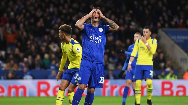 Leonardo Ulloa reacts after a missing a chance on goal during the Premier League against Everton