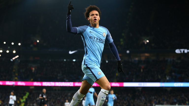 Leroy Sane of Manchester City celebrates scoring his side's first goal in 2-2 draw with Totenham