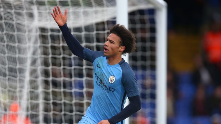 Leroy Sane of Manchester City celebrates after scoring his side's second goal against Crystal Palace