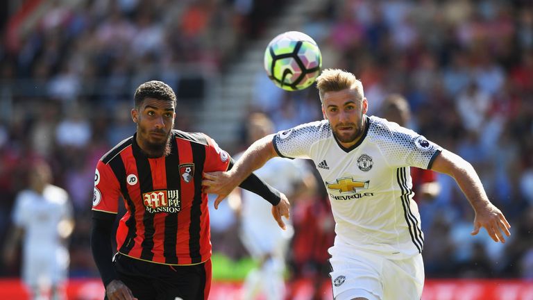 Lewis Grabban challenges Luke Shaw for possession