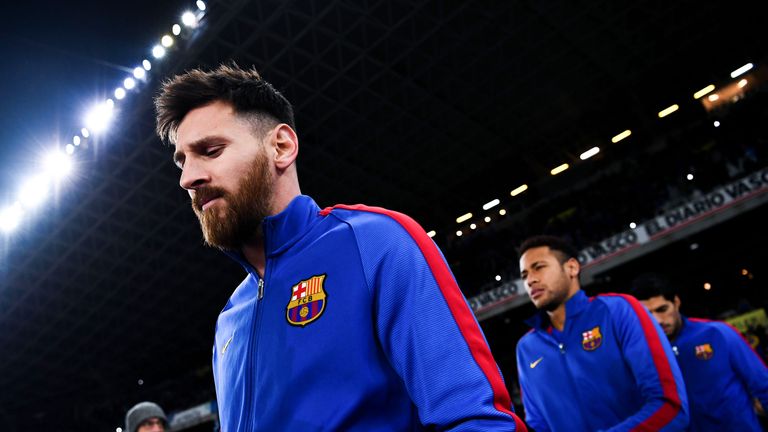 Lionel Messi walks out prior to kick-off in the Copa del Rey quarter-final first leg match between Real Sociedad
