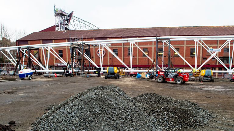 The main stand at Tynecastle, designed by Archibald Leitch, undergoing demolition in January 2017 