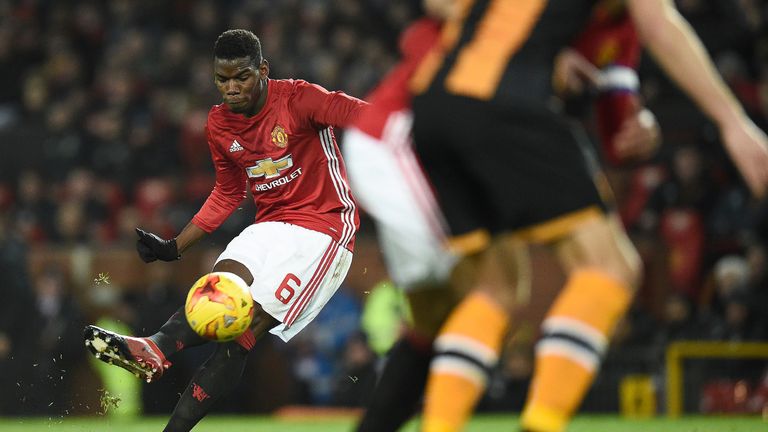 Paul Pogba strikes a free-kick during the EFL Cup semi-final first leg