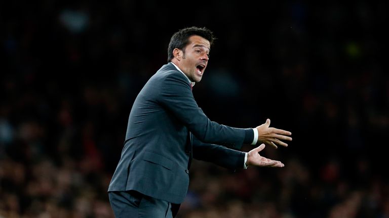 Marco Silva issues instructions from the touchline during a famous win for Olympiakos against Arsenal