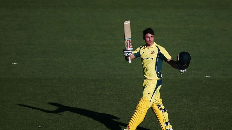 Australia's Marcus Stoinis celebrates scoring a century during the one-day international against New Zealan