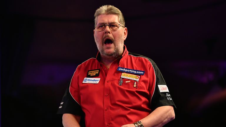 FRIMLEY, ENGLAND - JANUARY 13:  Martin Adams of England reacts during his Mens Quarter Final match against Jamie Hughes of England on day seven of the BDO 