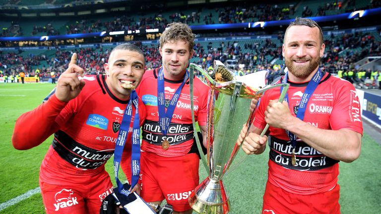 LONDON, ENGLAND - MAY 02:  (L-R) Bryan Habana of Toulon, Leigh Halfpenny of Toulon and Matt Giteau of Toulon celebrate with the trophy following their team