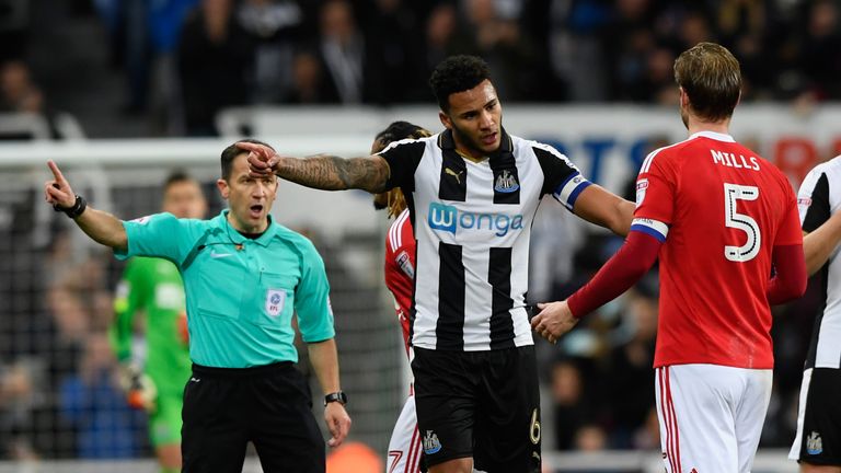 NEWCASTLE UPON TYNE, ENGLAND - DECEMBER 30:  Forest captain Matt Mills is sent off during the Sky Bet Championship match between Newcastle United and Notti