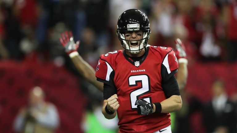 ATLANTA, GA - JANUARY 14:  Matt Ryan #2 of the Atlanta Falcons celebrates after scoring a touchdown against the Seattle Seahawks at the Georgia Dome on Jan