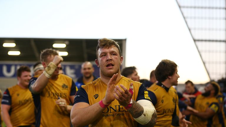 Max Crumpton of Bristol Rugby  celebrates at the final whistle during the Aviva Premiership match between Sale Sharks and Bristol 01/01/2017