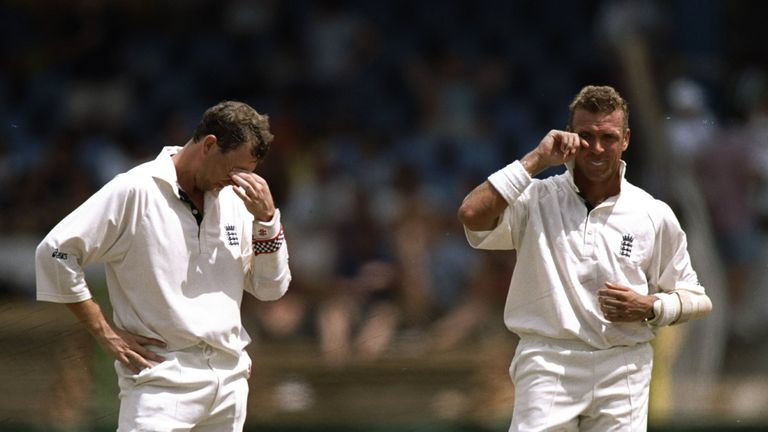 16 Feb 1998:  England openers Mike Atherton (left) and Alec Stewart take a rest during the Third Test Match at the Queen's Park Oval in Port-of-Spain, Trin