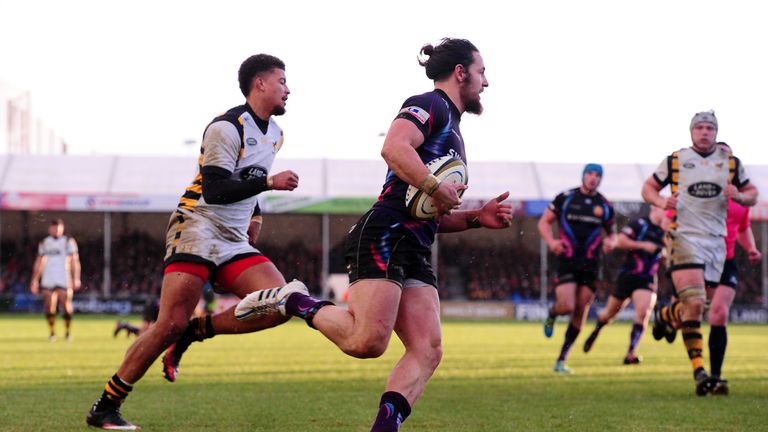 Michele Campagnaro of Exeter Chiefs goes over for a try