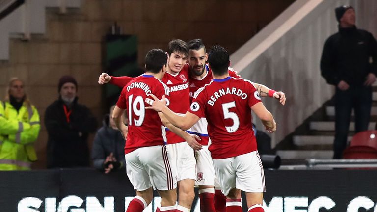Middlesbrough's Alvaro Negredo (second right) celebrates scoring his side's second goal