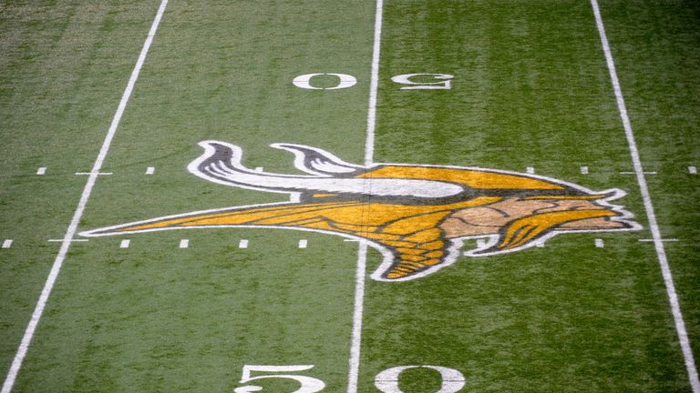 MINNEAPOLIS, MN - DECEMBER 18: A general view of the Minnesota Vikings' logo on the 50 yard line during the game between the Minnesota Vikings and the New 