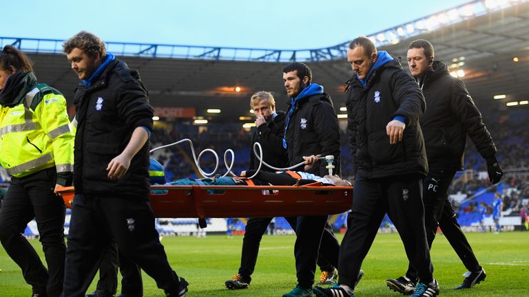 Newcastle player Aleksandar Mitrovic is stretchered off with an injury 