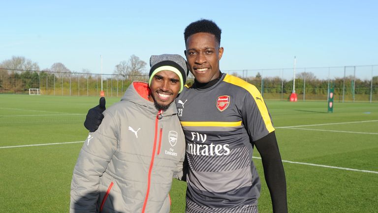 Sir Mo Farah with Arsenal's Danny Welbeck after watching a training session at London Colney on January 5, 2017