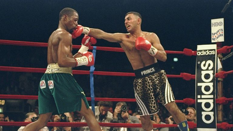 Prince Naseem Hamed lands a punch to Kevin Kelley during a fight at Madison Square Garden in New York City, New York. 