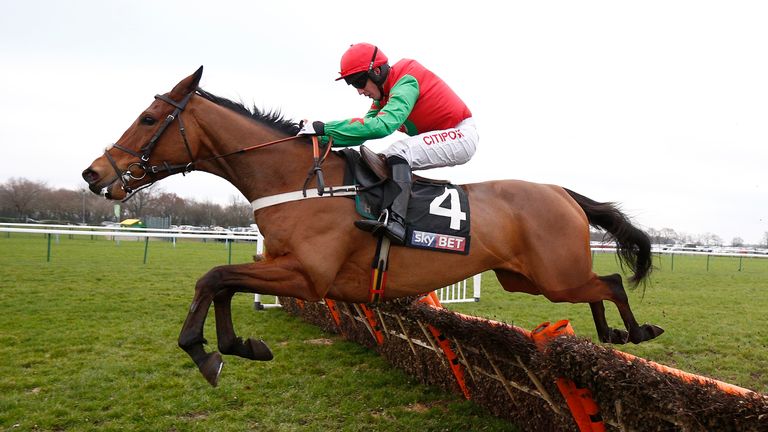 Noel Fehily riding Neon Wolf clear the last to win the Sky Bet Supreme Trail Rossington Main Novices Hurdle at Haydock