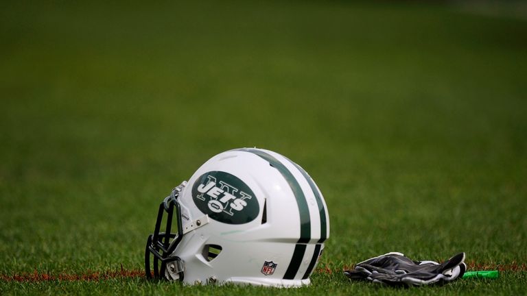FLORHAM PARK, NJ - AUGUST 07:  A New York Jets helmet at NY Jets Practice Facility on August 7, 2011 in Florham Park, New Jersey.  (Photo by Patrick McDerm