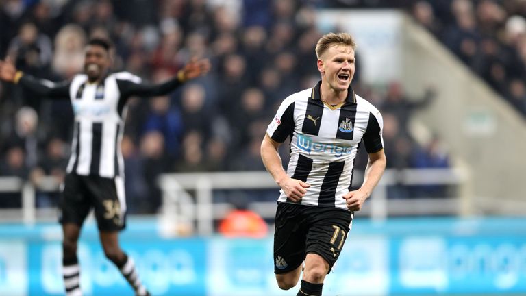 Newcastle United's Matt Ritchie celebrates scoring his side's fourth goal of the game during the Sky Bet Championship match at St James' Park, Newcastle.