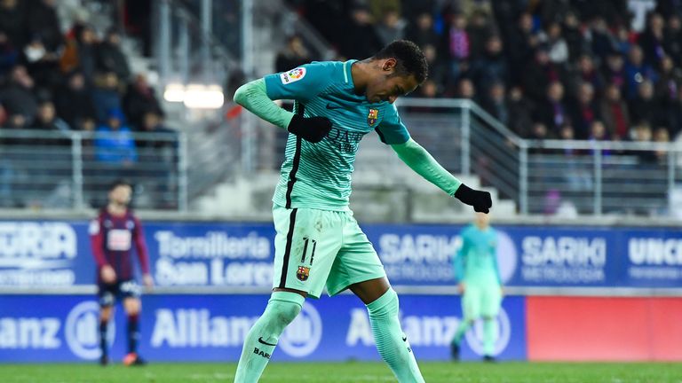 EIBAR, SPAIN - JANUARY 22: Neymar Jr. of FC Barcelona celebrates after scoring his team's fourth goal during the La Liga match between SD Eibar and FC Barc