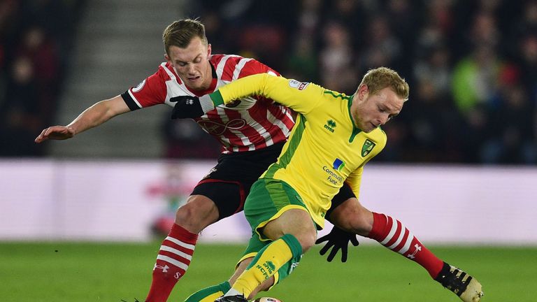 Southampton's English midfielder James Ward-Prowse (L) vies with Norwich City's English midfielder Alex Pritchard during the English FA Cup third round rep