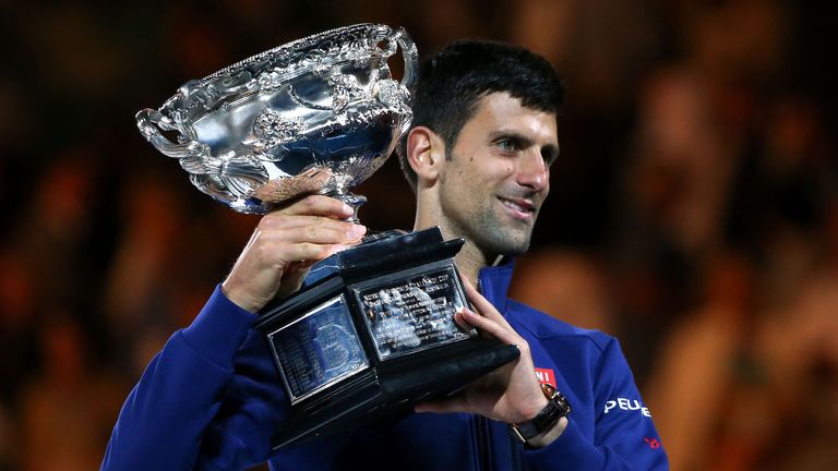 Novak Djokovic lifts the Australian Open trophy in 2016
