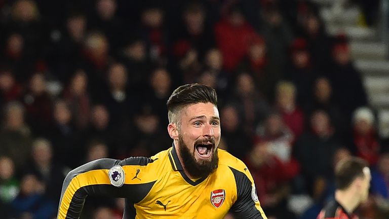 Arsenal's French striker Olivier Giroud celebrates after scoring their third goal during the English Premier League football match between Bournemouth and 