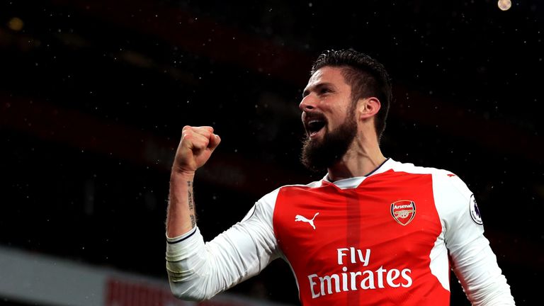 Arsenal's Olivier Giroud celebrates scoring the opening goal during the Premier League match at the Emirates Stadium, London.