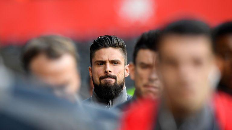 Olivier Giroud arrives at the Liberty Stadium prior to the Premier League match against Swansea City