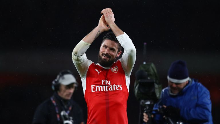 Olivier Giroud applauds the fans after Arsenal beat Crystal Palace