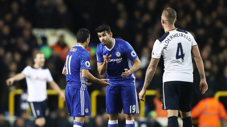 Pedro and Diego Costa get involved in a heated exchange during the first half
