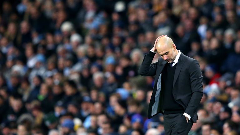 Pep Guardiola on the sidelines during the Premier League match between Manchester City and Tottenham