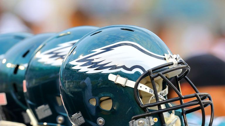 JACKSONVILLE, FL - AUGUST 24:  A row of Philadelphia Eagles helmets rest on the sidelines before a game against the Jacksonville Jaguars at EverBank Field 