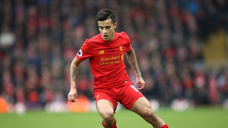 Philippe Coutinho of Liverpool in action during the Premier League match between Liverpool and Swansea City at Anfield on Jan 21