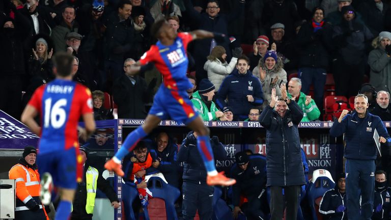  Wilfried Zaha celebrates his goal against Swansea