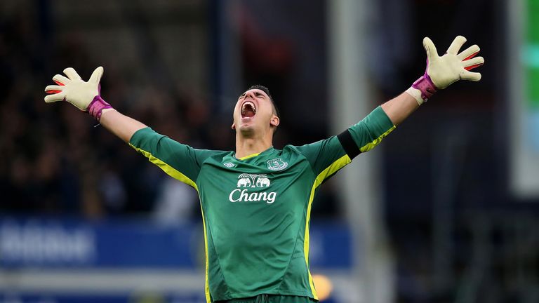 Joel Robles celebrates after team-mate Kevin Mirallas extends their lead to 2-0