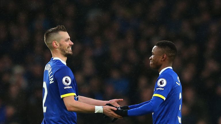 Morgan Schneiderlin and Ademola Lookman celebrate Everton's 4-0 victory over Manchester City