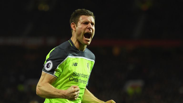 James Milner celebrates after converting his penalty to give Liverpool the lead at Old Trafford