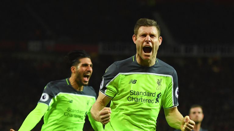 James Milner celebrates after her opens the scoring for Liverpool