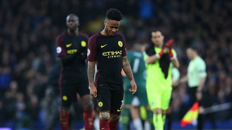 A dejected Raheem Sterling walks off the pitch following the 4-0 defeat to Everton