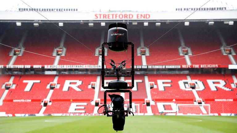 A view of the 'Spidercam' to be used at Old Trafford for the Premier League match between Manchester United and Liverpool