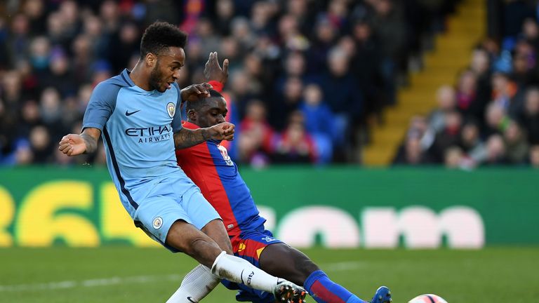 LONDON, ENGLAND - JANUARY 28: Raheem Sterling of Manchester City scores his sides first goal during the Emirates FA Cup Fourth Round match between Crystal 