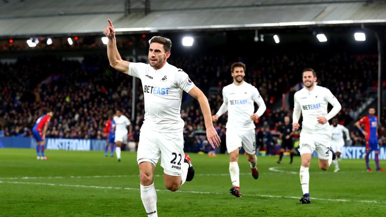 LONDON, ENGLAND - JANUARY 03:  Angel Rangel (L) of Swansea City celebrates scoring his team's second goal during the Premier League match between Crystal P
