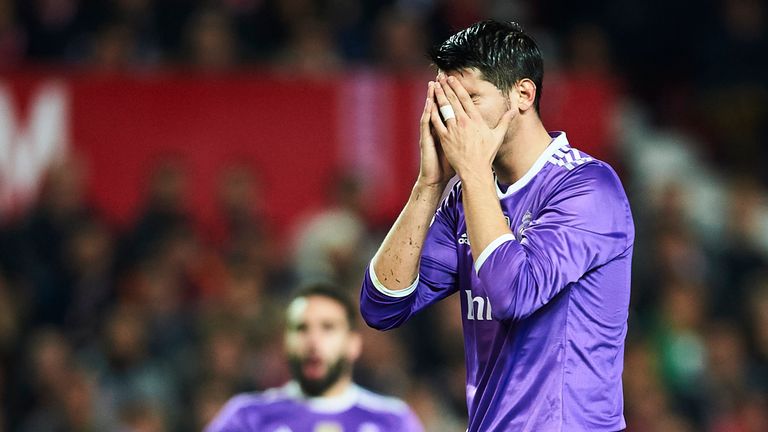 SEVILLE, SPAIN - JANUARY 12:  Alvaro Morata of Real Madrid CF reacts after missing a chance og al during the Copa del Rey Round of 16 Second Leg match betw