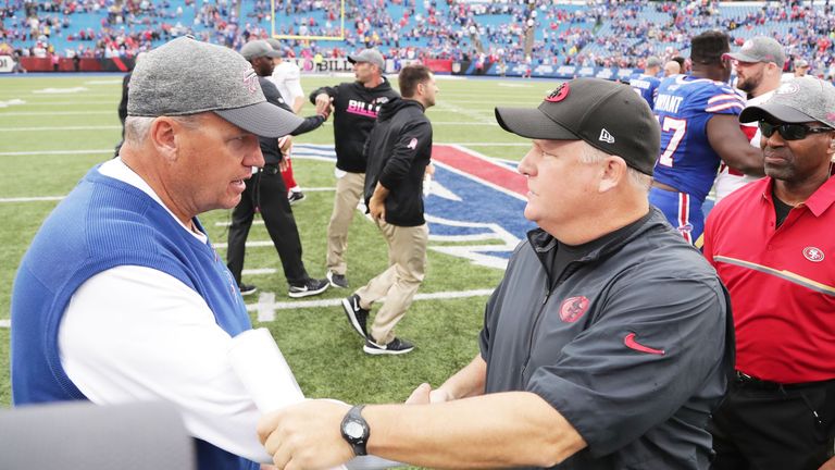 BUFFALO, NY - OCTOBER 16:  Head coach Rex Ryan of the Buffalo Bills greets head coach Chip Kelly of the San Francisco 49ers at New Era Field on October 16,