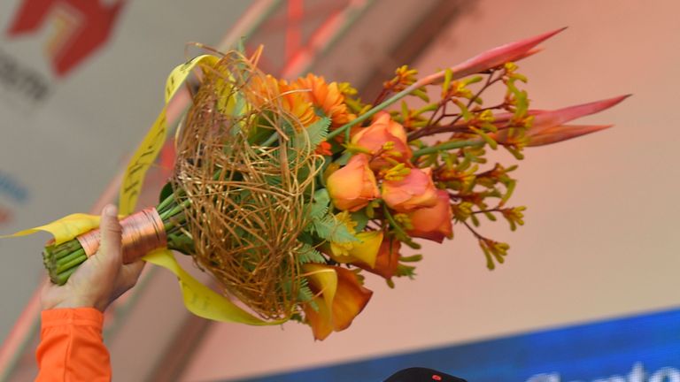 Australian cyclist Richie Porte from Team BMC stands on the podium after winning the second stage of the Tour Down Under cycling race from Stirling to Para