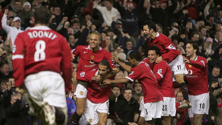 MANCHESTER, ENGLAND - JANUARY 22: Rio Ferdinand of Manchester United celebrates scoring the first goal during the Barclays Premiership match between Manche