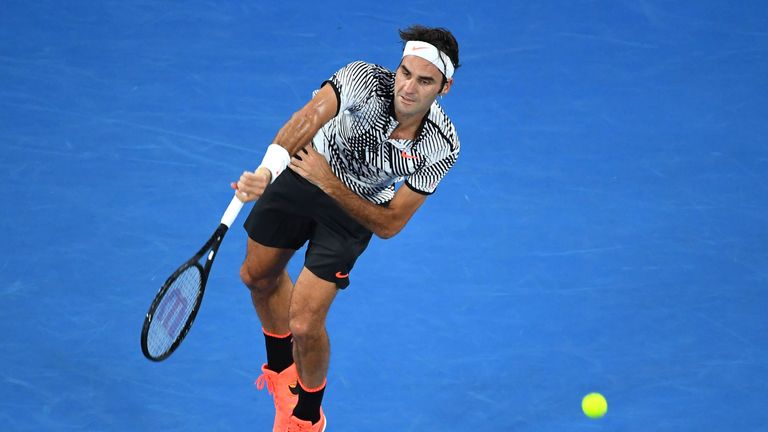 MELBOURNE, AUSTRALIA - JANUARY 29:  Roger Federer of Switzerland serves in his Men's Final match against Rafael Nadal of Spain on day 14 of the 2017 Austra