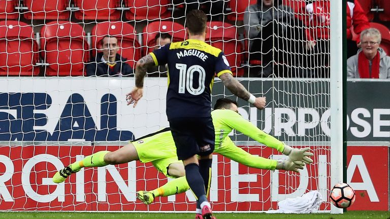 Lewis Price of Rotherham saves a penalty from Chris Maguire of Oxford United